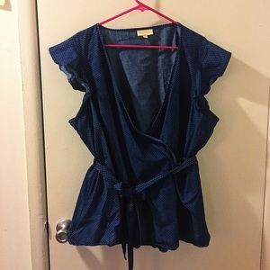 ModCloth denim flutter sleeve polka dot tie waist